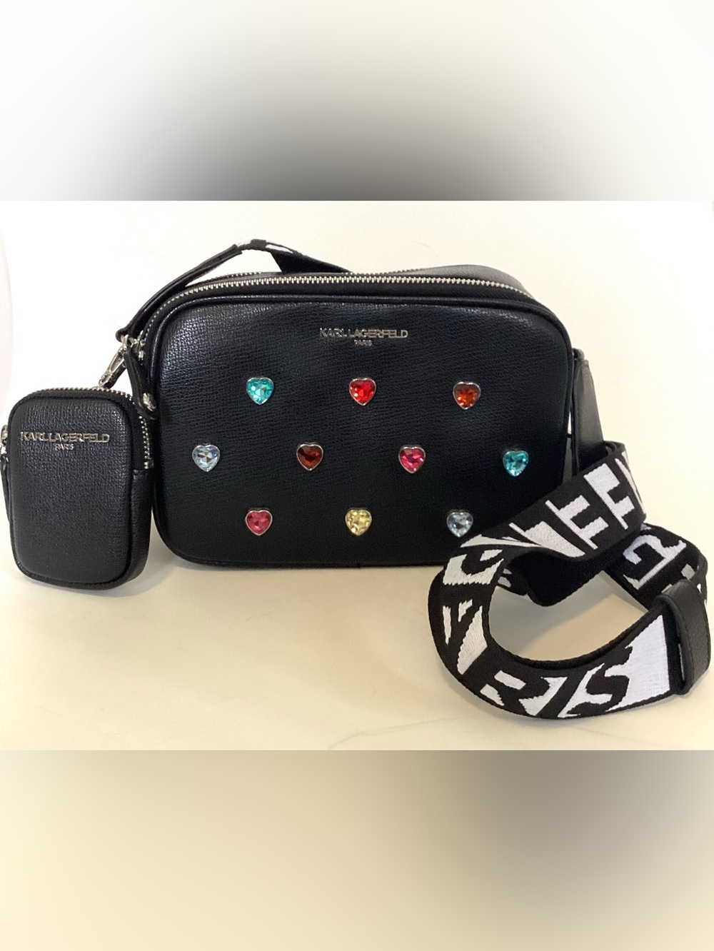 Karl Lagerfeld Black Leather Crossbody Camera Bag with Multicolor Heart Gems
